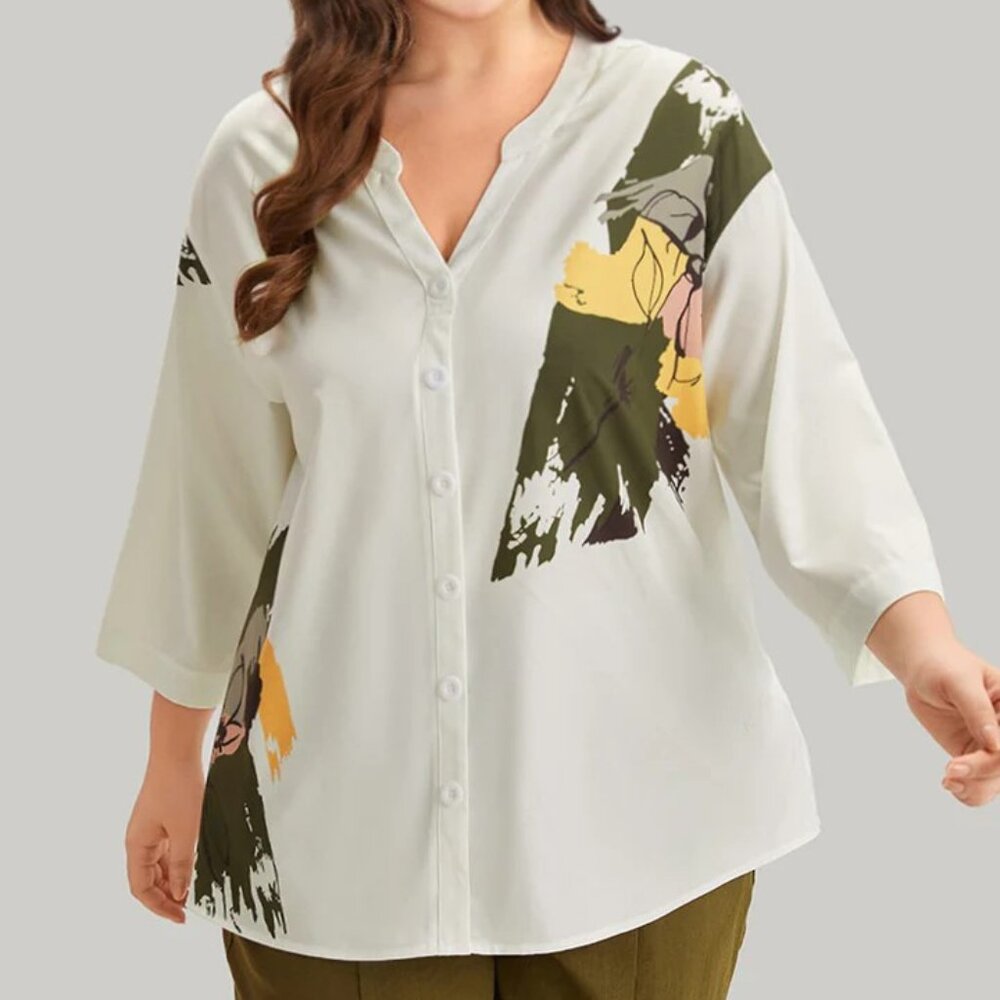 NWT Brush Print Contrast Button Through Woven Top 22-24 3x